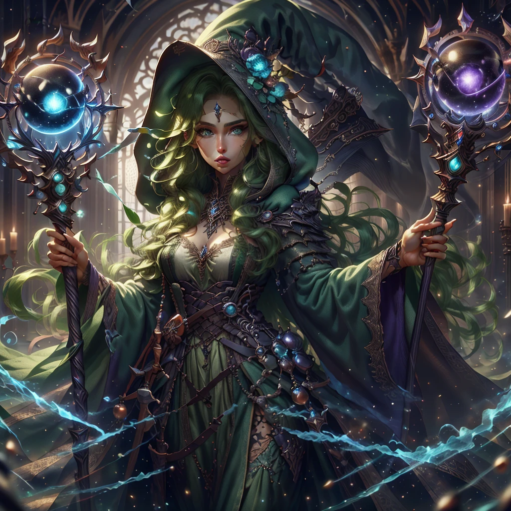 a detailed and realistic image of a beautiful woman, green long hair, beautiful eyes, wielding a purple orbstaff, HD, masterpiece, best quality, hyper detailed, ultra detailed, realistic <lora:1.5_Weapon_Orbstaff_-_By_HailoKnight:1>
