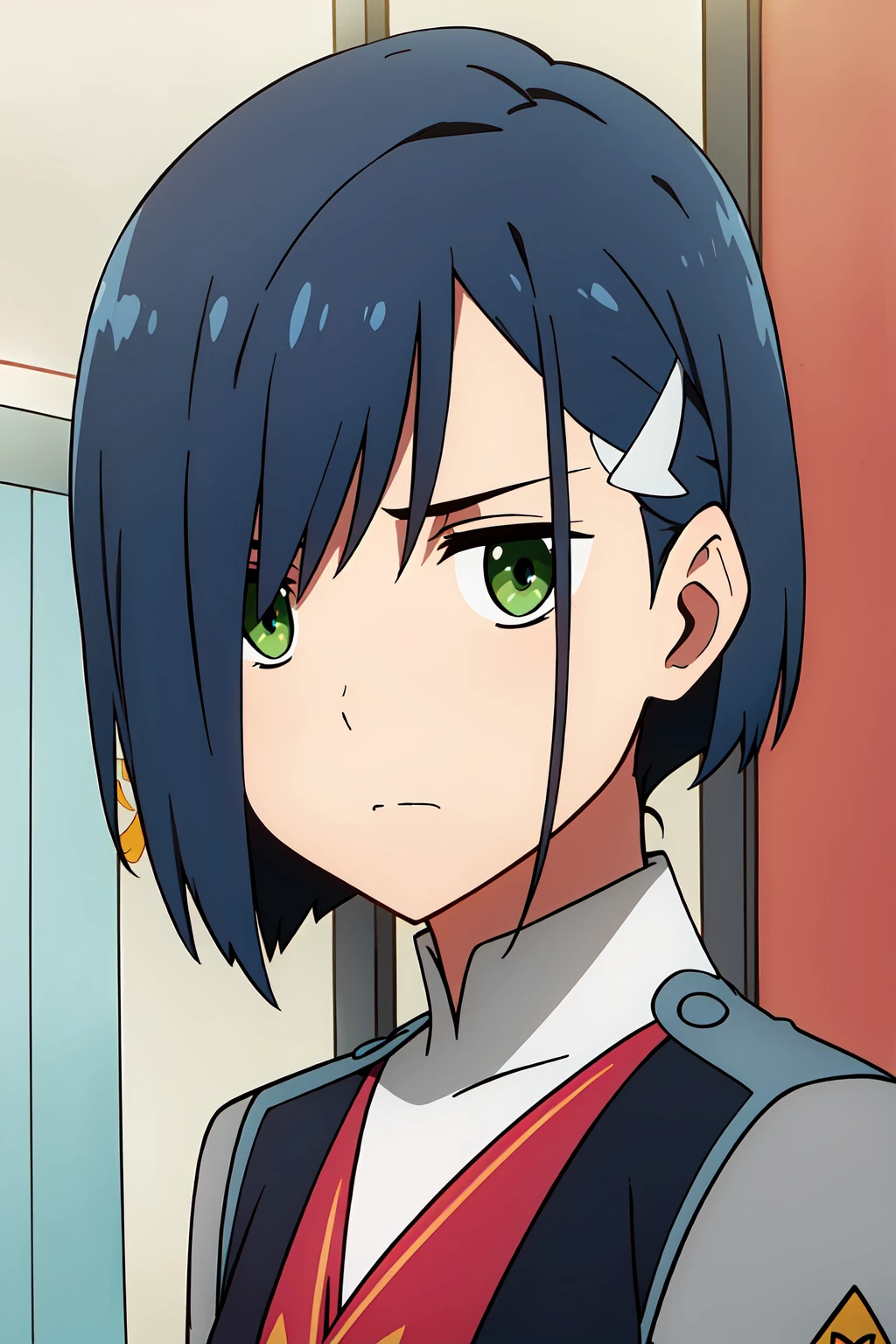 ((best quality)),((highly detailed)),masterpiece,absurdres,detailed face,beautiful face,((detailed eyes, deep eyes)),(1girl),((dynamic pose)), <lora:IchigoV1:0.7>Ichigo, 1girl, solo, blue hair, green eyes, hair ornament, short hair, hairclip, uniform, military, upper body, military uniform, closed mouth, bangs, hair over one eye, looking to the side, indoors, frown, expressionless, looking away, parody, pilot suit