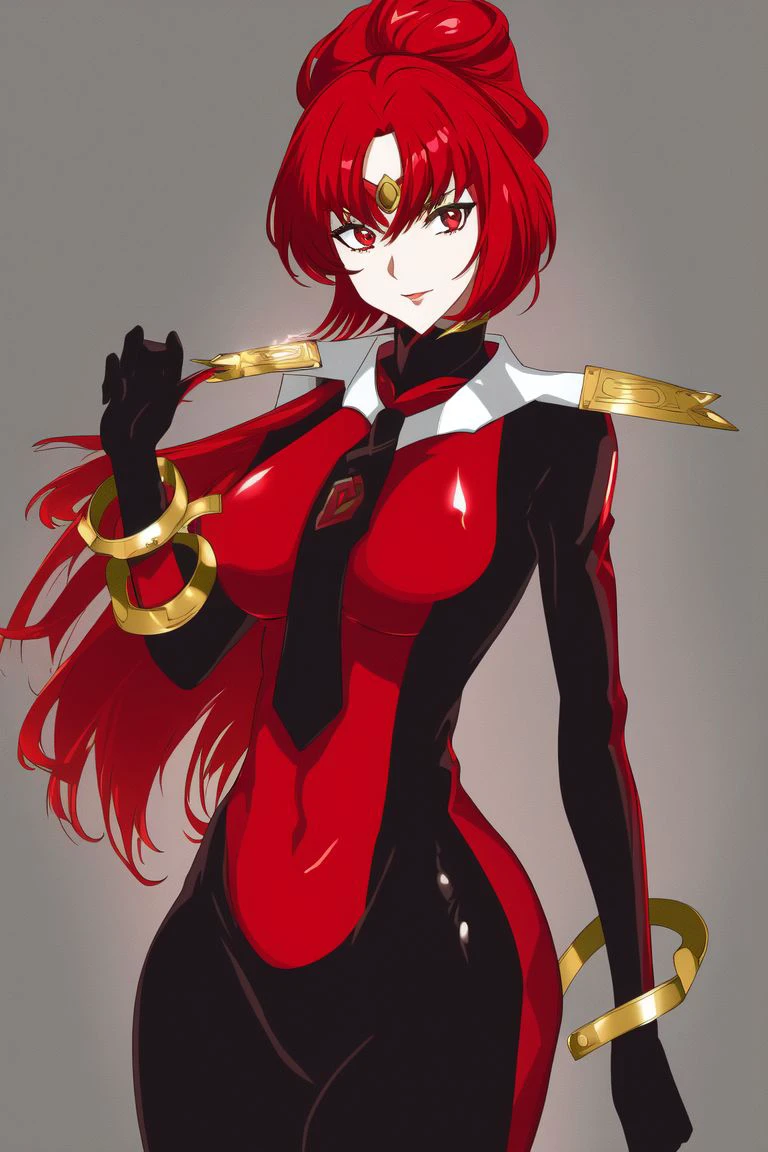 high resolution, masterpiece, high quality, perfect face, <lora:OppositioGuardians:1> ((OppoNergal)), short red hair, ((extremely glossy)), (black and red oppositiosuit), coronet, wide bracelets, (black background), necktie