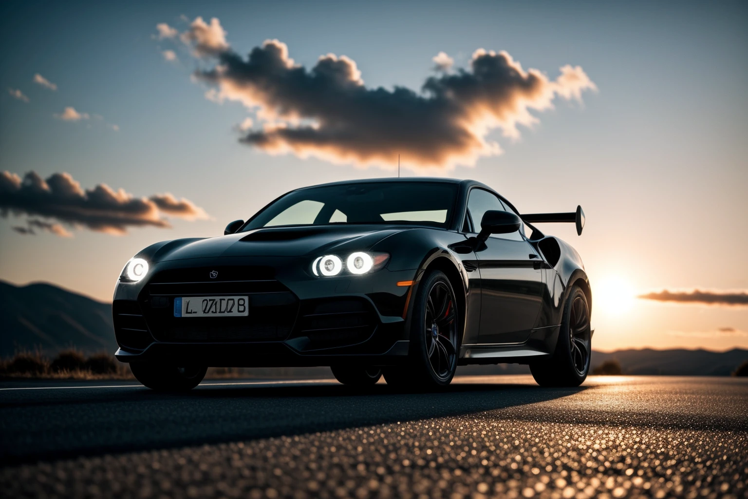 photo of a supercar, 8k uhd, high quality, road, sunset, motion blur, depth blur, cinematic, filmic image 4k, 8k with [George Miller's Mad Max style]. The image should be [ultra-realistic], with [high-resolution] captured in [natural light]. The lighting should create [soft shadows] and showcase the [raw] and [vibrant colors], volumetric dtx, depth blur, blurry background, bokeh, (motion blur:1.001)