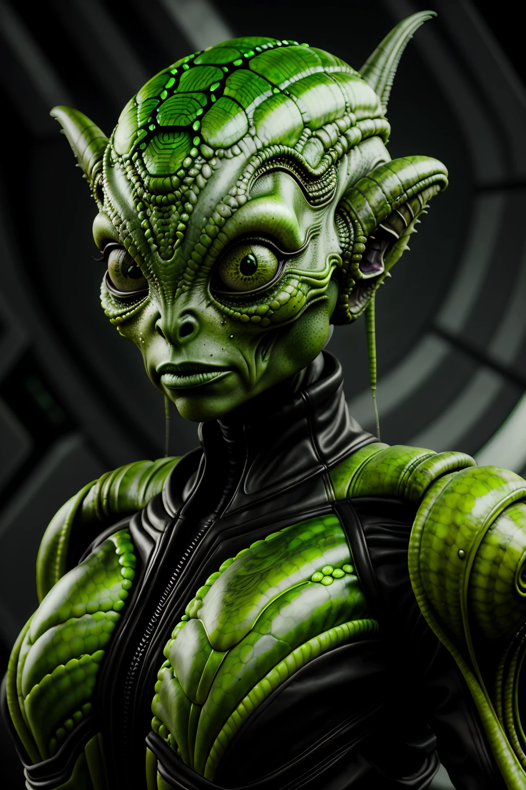 a highly detailed alien with a square skull helmet, green skin, and antennae, hyper realistic, 8k, photorealistic, cinematic lighting, dramatic pose, intricate details, sharp focus, award winning digital art, vibrant colors, dynamic composition