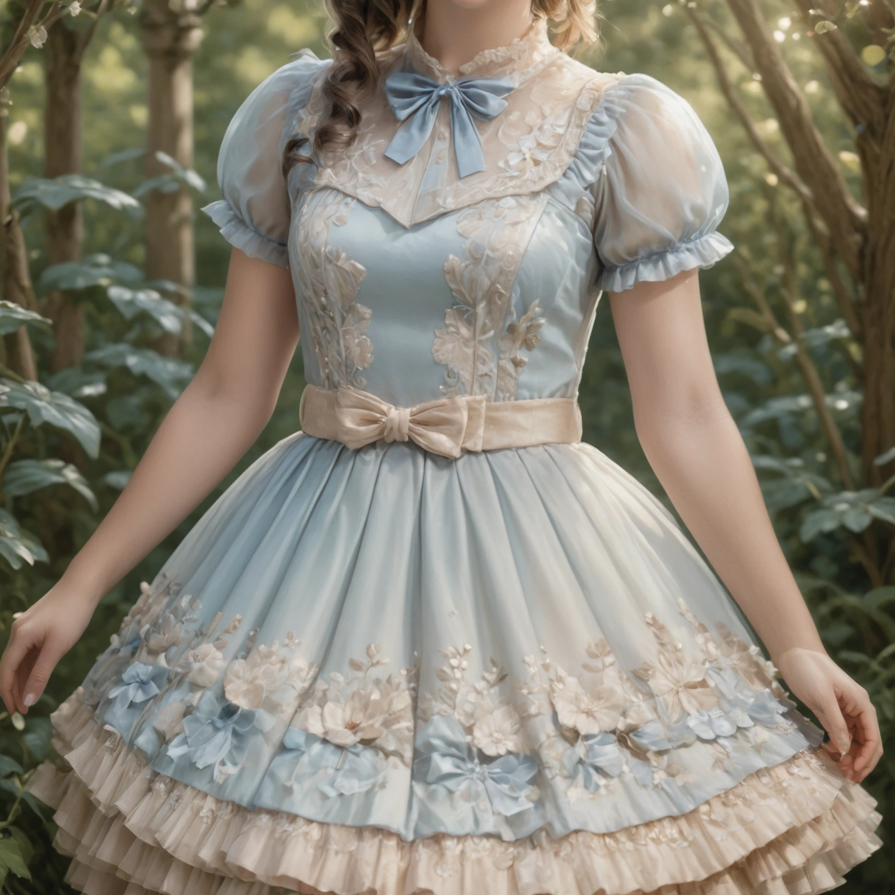 photorealistic, highly detailed photograph Portrait Photo of a girl wearing a (pale blue and champagne colored) sweetegl dress in a whimsical garden, bathed in soft and warm sunlight, captured at a slightly tilted angle to convey a playful and dreamy atmosphere. <lora:sweetlolitaxl3.5-12:1.0>