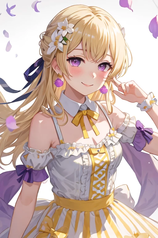 best quality, masterpiece, highres, solo, {shirasagi_chisato_bangdream:1.15}, blonde_hair, bangs, long_hair, purple_eyes, blush, smile, half_updo, ribbon, jewelry, 1girl, bow, earrings, hair_ornament, looking_at_viewer, detached_collar, flower, frills, hair_flower, hair_ribbon, bowtie, pom_pom_\(clothes\), upper_body, yellow_ribbon, dress, neck_ribbon, striped_ribbon, striped, frilled_dress