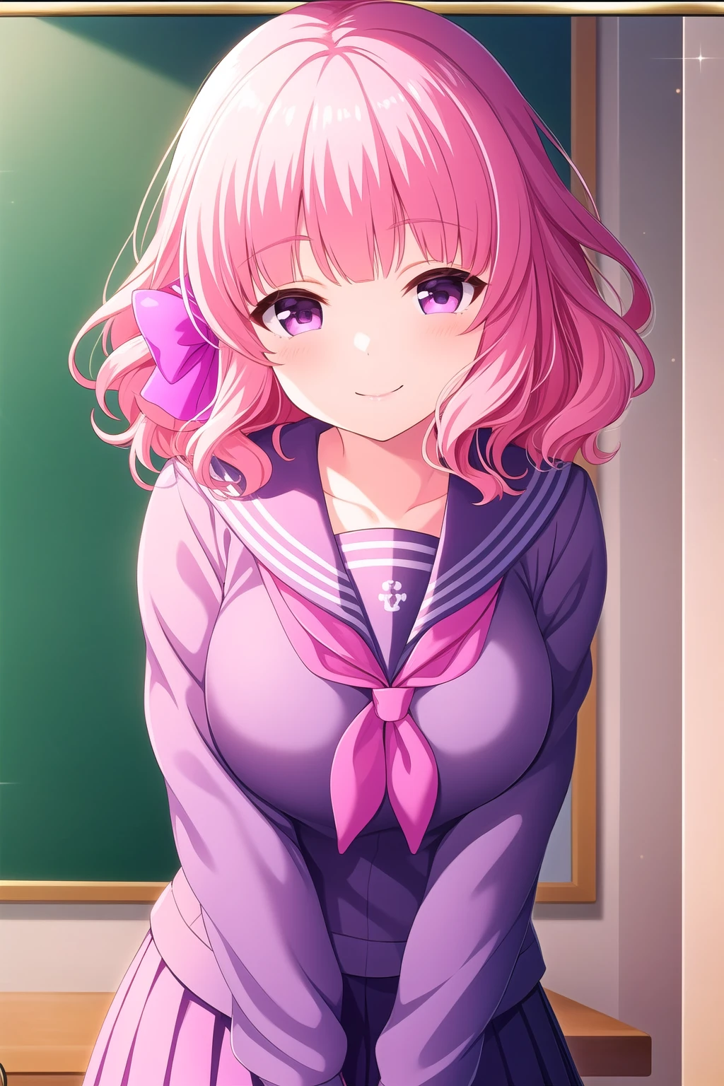 (masterpiece, best quality), highly detailed background, perfect lightingbest quality, nittamoeka, solo, indoors, pink hair, hair bow, pink bow, curly hair, short hair, purple eyes, pink eyes, breasts, grey serafuku, grey shirt, purple sailor collar, <lora:GoodHands-vanilla:1>, pink skirt, pleated skirt, school uniform, smile, closed mouth, pink lips, <lora:Nitta-Moeka:0.7>