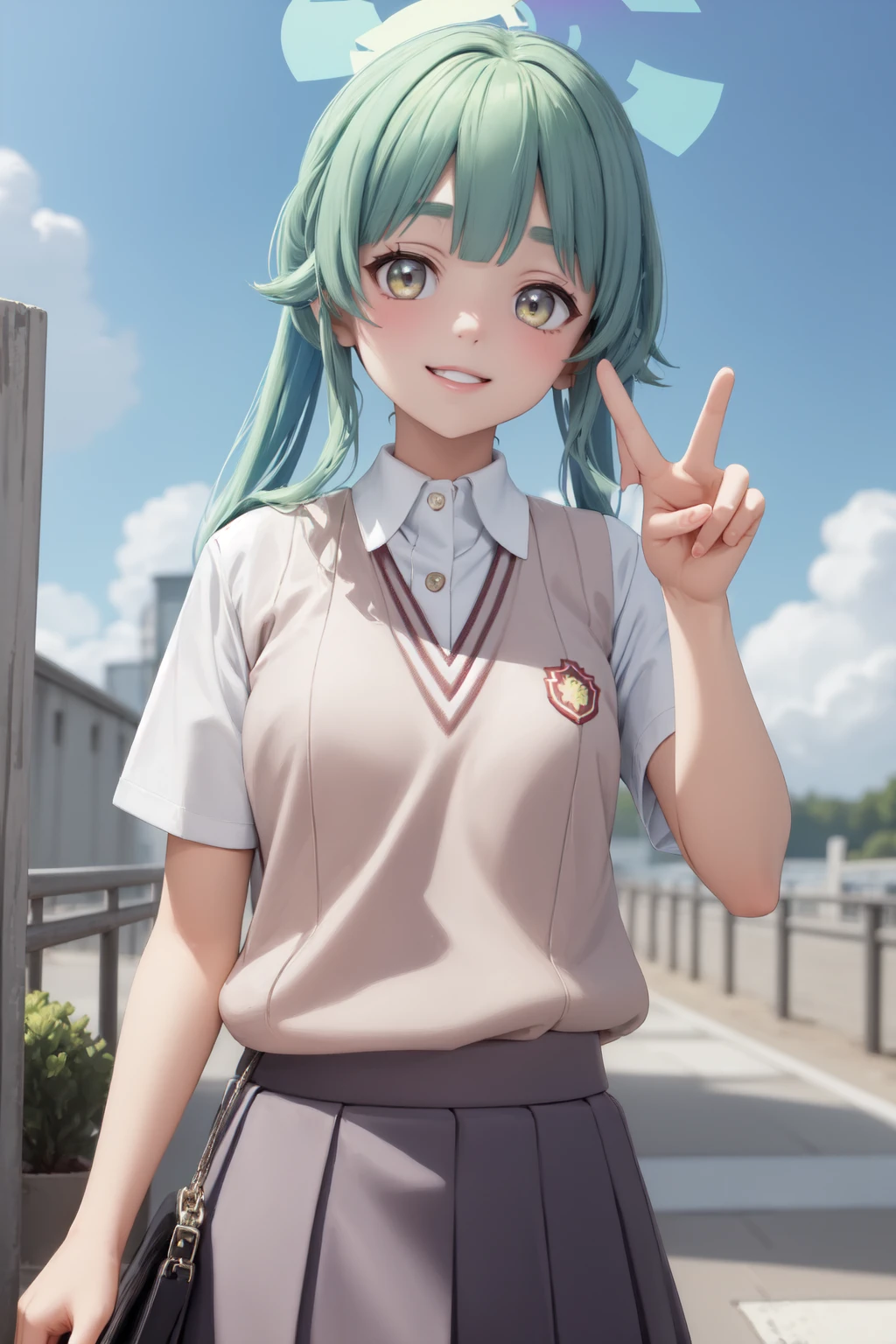 (masterpiece:1.3), (absurdres:1.3), (best quality:1.3), 1girl, looking at viewer, smile, outdoors, summer, upper body, peace sign, <lora:momijifi-000011:1>, momijifi, halo, tokiwadai school uniform,  <lora:tokiwadai_school_uniform:1>