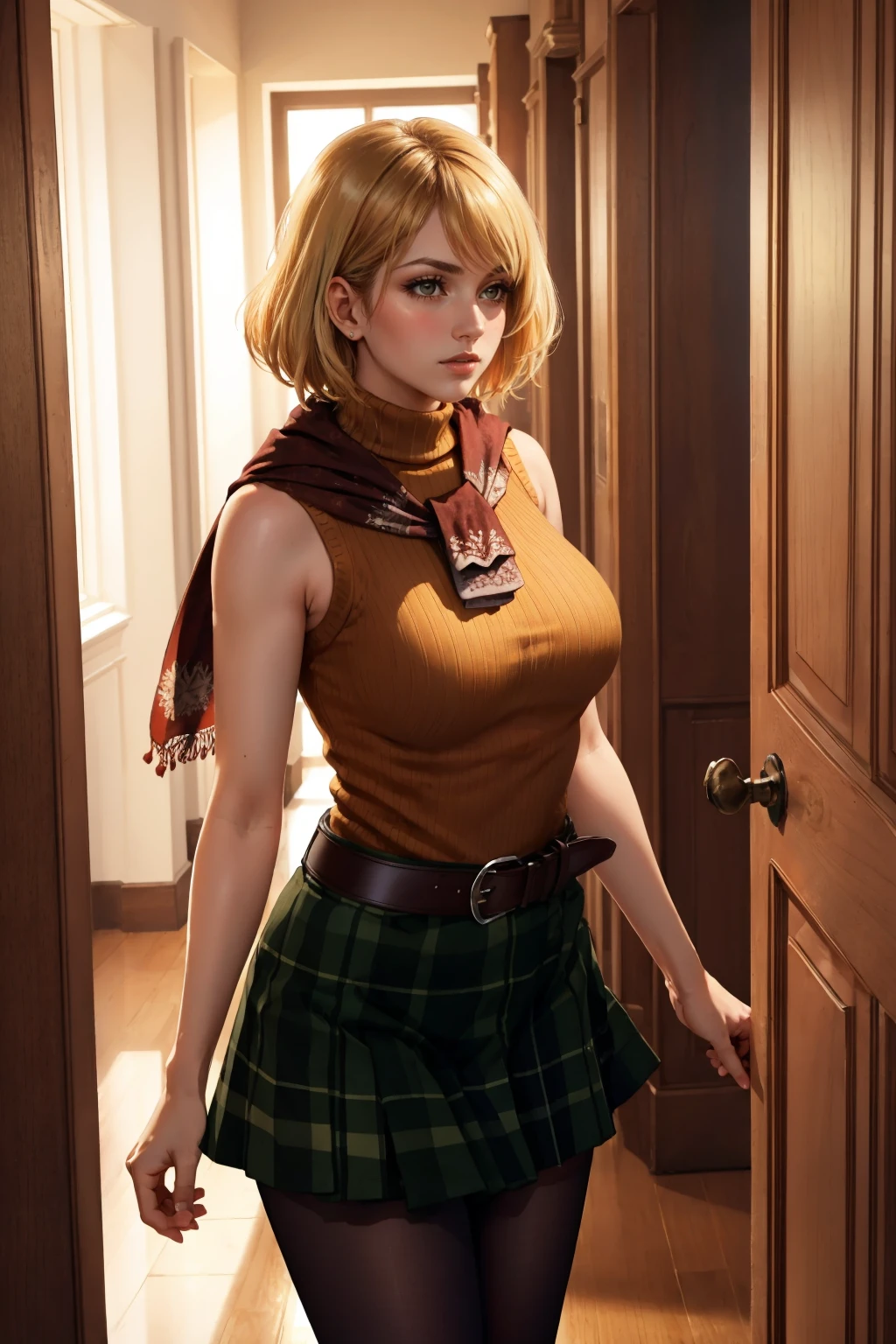 masterpiece, best quality, <lora:ashleygraham-nvwls-v1-000009:0.9> ashley graham, brown eyes, bangs, red scarf, orange sweater, sleeveless turtleneck, green miniskirt, belt, pantyhose, large breasts, scared, from side, hallway, walking, lips, chiaroscuro, night, dark