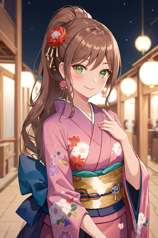 best quality, masterpiece, highres, solo, {imai_lisa_bangdream:1.15}, brown_hair, long_hair, bangs, smile, jewelry, green_eyes, earrings, blush, ponytail, sidelocks, 1girl, floral_print, flower, hair_flower, hair_ornament, japanese_clothes, kimono, looking_at_viewer, red_kimono, new_year, sash, upper_body, obi, rose