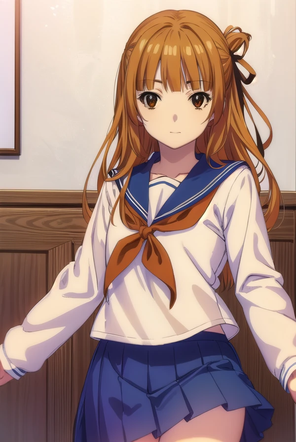akemisumizome, <lora:akemi sumizome s1-lora-nochekaiser:1>,
akemi sumizome, long hair, orange hair, (brown eyes:1.7), ribbon, hair ribbon, bangs, blunt bangs, hime cut, smile,
BREAK skirt, school uniform, serafuku, blue sailor collar, shirt, white shirt, long sleeves, blue skirt, neckerchief, red neckerchief,
BREAK indoors, classroom,
BREAK looking at viewer, (cowboy shot:1.5),
BREAK <lyco:GoodHands-beta2:1>, (masterpiece:1.2), best quality, high resolution, unity 8k wallpaper, (illustration:0.8), (beautiful detailed eyes:1.6), extremely detailed face, perfect lighting, extremely detailed CG, (perfect hands, perfect anatomy),