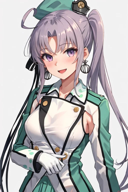 best quality, masterpiece, highres, solo, {akitsushima_kantaicollection:1.15}, long_hair, side_ponytail, purple_eyes, ahoge, grey_hair, hat, sidelocks, open_mouth, jewelry, purple_hair, earrings, breasts, blush, smile, ribbon, hair_ribbon, hair_ornament, 1girl, military, military_uniform, simple_background, uniform, upper_body, white_background, jacket, looking_at_viewer, mini_hat