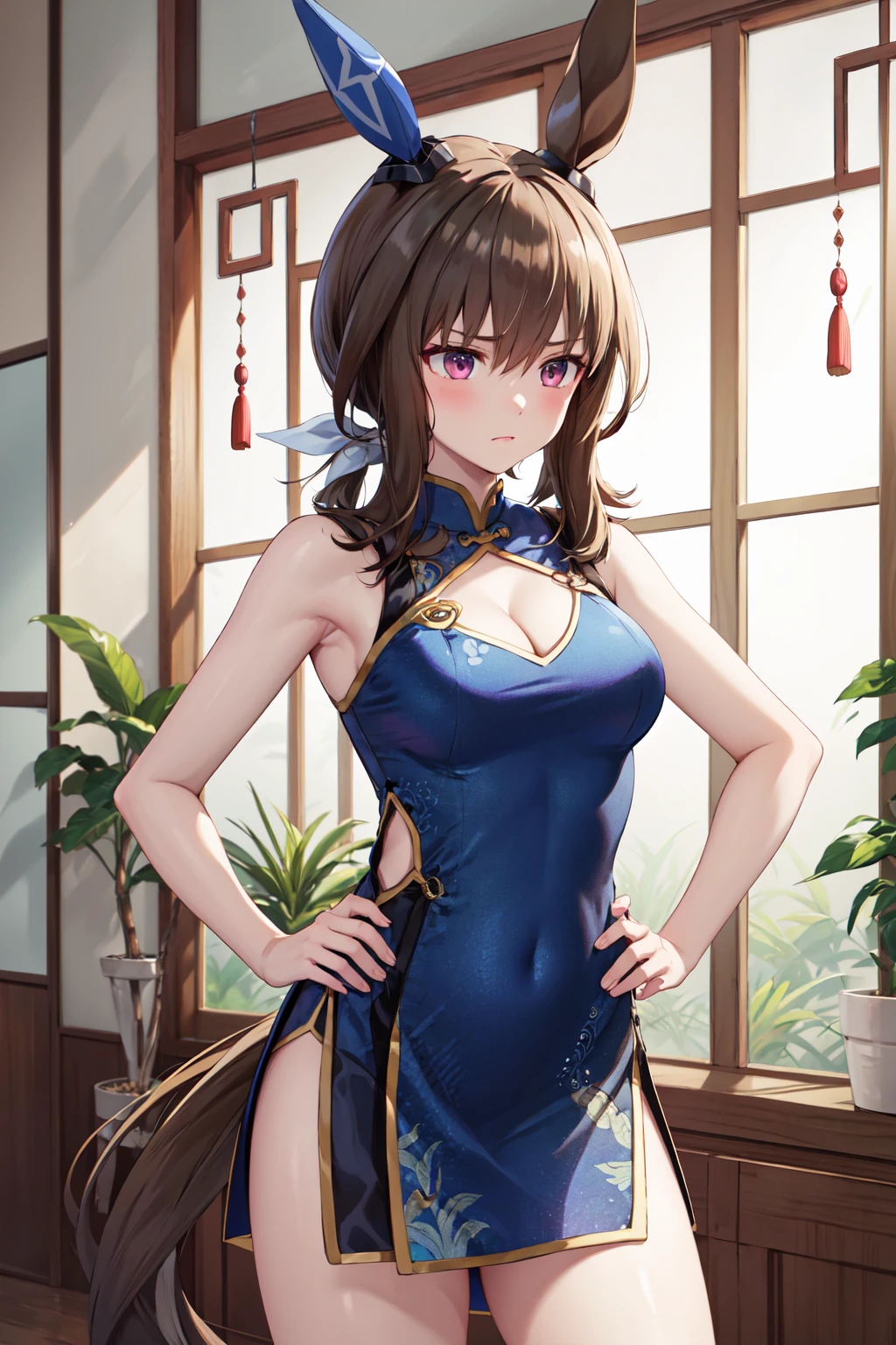 masterpiece,best quality,highres,ultra-detailed,aavega,horse ears,single ear cover,long hair,low ponytail,bangs,horse tail,<lora:admire_vega_(umamusume):0.9>,bare shoulders,china dress,chinese clothes,short dress,cleavage cutout,sideboob,thighs,hands_on_hips,furrowed_brow,indoors,(front view:1.2),