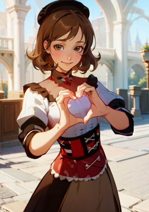 (masterpiece, best quality),(depth) of (field), <lora:MargaretNPC:0.8> margaret, brown_hair, puffy_sleeves, light_hair, bangs, corset, hat, brown_eyes, <lora:heart-hands:1> heart hands, own hands together, smile, bright_colors, light_colors, adult