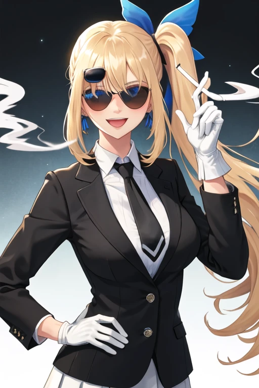 best quality, masterpiece, highres, solo, {black business suit:1.40}, {tie:1.20}, {sunglasses:1.25}, {white gloves:1.15}, {white shirt:1.10}, {black skirt:1.15}, {smoking:1.20}, handsome, {akari_bluearchive:1.15}, blonde_hair, long_hair, blue_eyes, virtual_youtuber, smile, blush, breasts, ribbon, side_ponytail, open_mouth, bangs, hair_ribbon, hair_between_eyes, upper_body, large_breasts