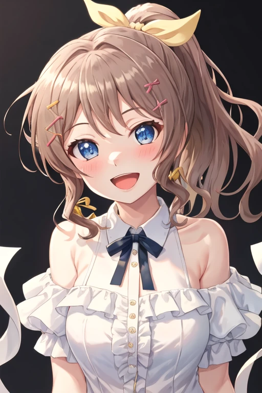 best quality, masterpiece, highres, solo, {yamabuki_saaya_bangdream:1.15}, blue_eyes, brown_hair, ribbon, bangs, ponytail, sidelocks, hair_ribbon, smile, blush, yellow_ribbon, long_hair, 1girl, looking_at_viewer, shirt, striped, open_mouth, white_shirt, :d, short_sleeves, upper_body, frills, off-shoulder_shirt, off_shoulder, striped_ribbon