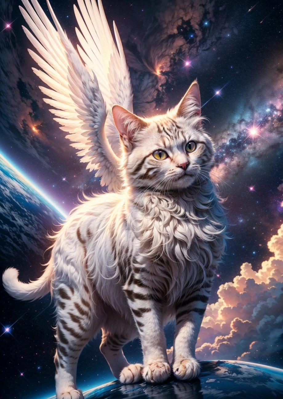 official art, unity 8k wallpaper, ultra detailed, High quality, beautiful, masterpiece, best quality, a fluffy cat floating in space, angel wings, cute, chibi cat, nebula, sparkle