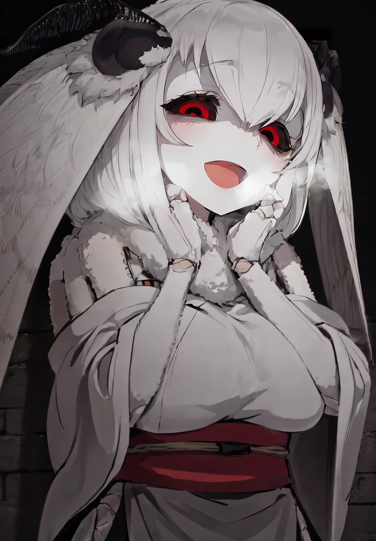 mashiro, red eyes, extra arms, joints, black sclera, (contrapposto:1.1), very long hair, upper teeth
BREAK white kimono, bare shoulders, red sash, obi, side slit, close-up, large breasts
BREAK upper body, dark, looking down, eerie, (shaded face:0.75), from below, looking down, (heavy breathing:1.1), steam, steaming body
BREAK (hands on own cheek:1.1), crossed arms, :d, (dark lighting:1.4), (stone walls:1.15), (brick wall:1.15), upper teeth, half-closed eyes
<lora:mashiro-47:1>