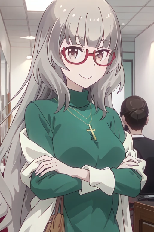 best quality, masterpiece, highres, solo, {hazuki_shizuku_newgame:1.15}, glasses, long_hair, red-framed_eyewear, grey_hair, bangs, semi-rimless_eyewear, smile, under-rim_eyewear, closed_mouth, brown_eyes, blunt_bangs, 1girl, jewelry, necklace, shirt, cross, cross_necklace, sweater, turtleneck, upper_body, green_sweater, indoors, brown_hair