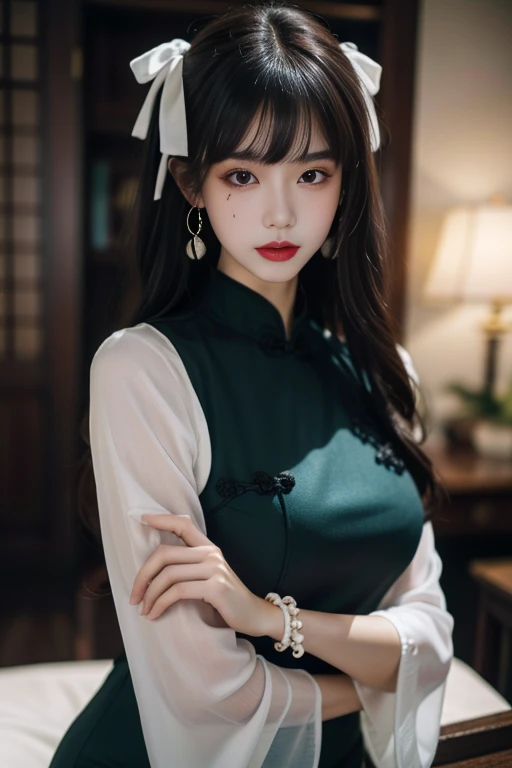 ltra-detailed,highly detailed,best quality,masterpiece,illustration,realistic,
yaozhi, 1girl, solo,mole,
chinese clothes,china dress,see-through sleeves,
earrings, bracelet,hair ribbon,
bangs,very long hair,
looking at viewer,upper body,
<lora:yaozhi_v3_03:0.8>