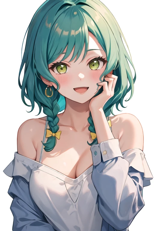 best quality, masterpiece, highres, solo, {hikawa_hina_bangdream:1.15}, aqua_hair, green_eyes, short_hair, smile, bow, braid, blush, hair_bow, side_braids, twin_braids, open_mouth, bangs, 1girl, collarbone, long_sleeves, looking_at_viewer, off_shoulder, upper_body, yellow_bow, head_rest, shirt, bare_shoulders, hand_on_own_cheek, hand_on_own_face, open_shirt, simple_background, underwear, white_background, white_shirt