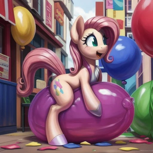 (detailed balloon:1.05), realistic balloon, (tied balloon:1.1), necked balloon, overinflated balloon, one balloon, fluttershy, my little pony, female, solo, furry, from side, side view, leaning forward, animal shaped balloon, popped balloons, popping balloons, balloon pieces, sugarcube corner, public, detailed, realistic, painting, realistic balloon, riding, grinding, bouncing, being watched, voyeurism, voyeur