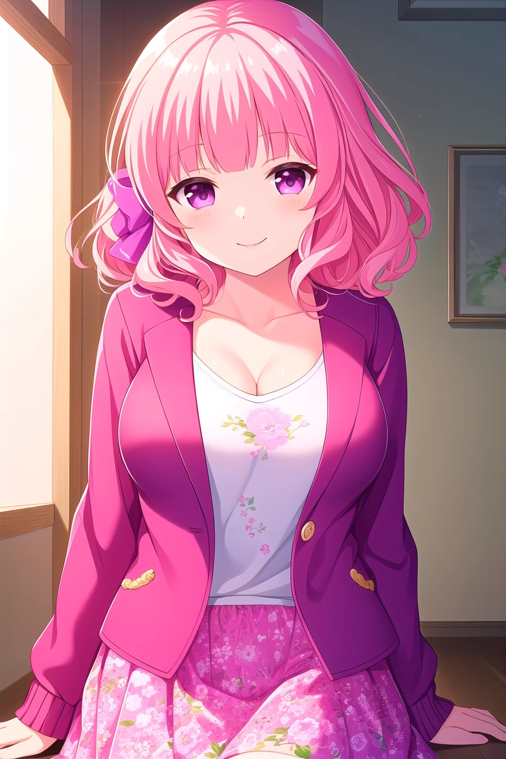 (masterpiece, best quality), highly detailed background, perfect lightingbest quality, nittamoeka, solo, indoors, pink hair, hair bow, pink bow, curly hair, short hair, purple eyes, pink eyes, breasts, purple jacket, white shirt, <lora:GoodHands-vanilla:1>, pink skirt, floral print, smile, closed mouth, pink lips, <lora:Nitta-Moeka:0.7>