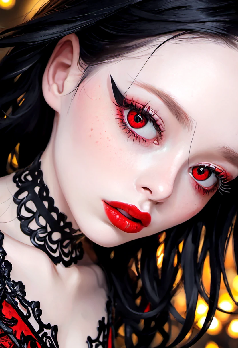 goth girl, goth eyeliner, very red lips, pale skin, makeup, close-up, high resolution, (aburdres:1.4), aburd res, high quality, best quality,, 8k, 4k, intricately detailed, (amazing details:1.2), highly detailed skin, (detailed eyes:1.2), striking eyes, (detailed background), (dynamic angle:1.2), (dynamic pose:1.2), (Line of action:1.2),