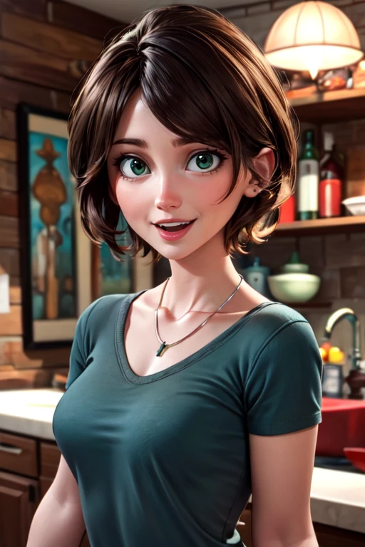 (masterpiece:1.2), (best quality), (ultra detailed), (8k, 4k, intricate),(full-body-shot:1), (highly detailed:1.2),(detailed face:1.2), (detailed background),detailed landscape, ((portrait)), (dynamic pose:1.2) <lora:more_details:0.5> <lora:cass:0.7>auntcass,1girl, solo, breasts, smile, short hair, brown hair, shirt, jewelry, green eyes, upper body, short sleeves, indoors, necklace, blurry, black shirt,