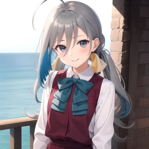 ((masterpiece)),(best quality),official art,extremely detailed CG,unity 8k wallpaper,ultra detailed,A lighthouse on a cliff by the sea,1girl,solo,upper body,(portrait:1.2),very_long_hair,grey_hair,grey_eyes,twintails,ahoge,smile,low_twintails,grey_pantyhose,skirt,school_uniform,looking_at_viewer,multicolored_hair,shirt,bowtie,hair_between_eyes,<lora:Kiyoshimo(kan)>,