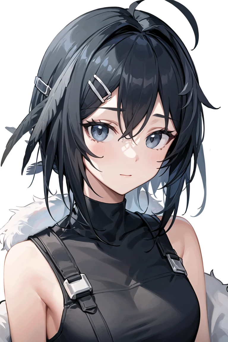 white background,
1girl,solo,
<lora:la-pluma-mk5:0.7>,laplumaoriginal,
black hair,short hair,ahoge,hairclip,sidelocks,hair intakes,
feather hair,hair clip,
black shirt,sleeveless shirt,fur trim,strap,