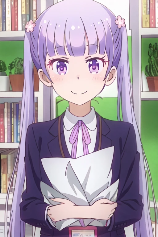 best quality, masterpiece, highres, solo, {suzukaze_aoba_newgame:1.15}, purple_hair, long_hair, twintails, purple_eyes, hair_ornament, flower, hair_flower, blush, ribbon, bangs, neck_ribbon, 1girl, blunt_bangs, formal, jacket, pink_ribbon, shirt, suit, collared_shirt, white_shirt, closed_mouth, smile, upper_body, indoors
