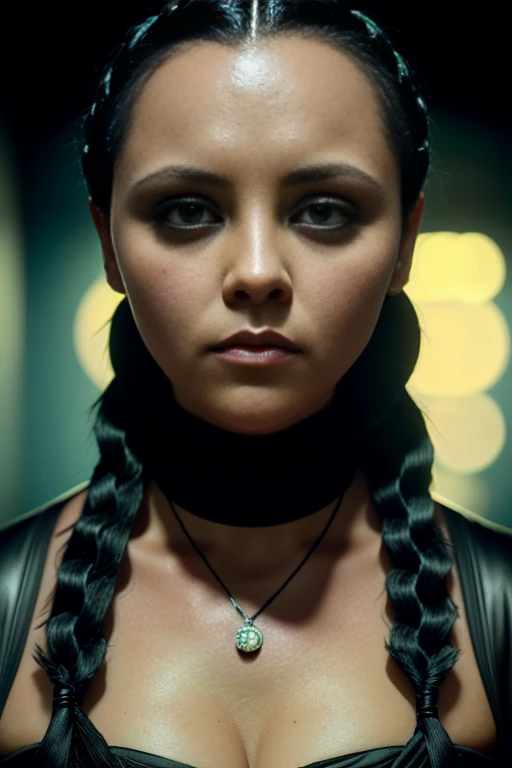 chri5tinaricci9899, black hair, (double braid:1.4), dark brown eyes, bored, sad, wearing an all-black Victorian dress with a white collar, cameo, indoors, hallway, weathered wood, torn wallpaper, <lora:Christina_Ricci_9899_PMv1_Lora:1.3>,, detailed skin texture, (blush:0.5), (goosebumps:0.5), subsurface scattering, ((Close-Up)), nightmare by tim burton, monster dreams, v-ray octane, highly detailed by artgem, art, trending artstation, blender, vivid color, steampunk, messi, cinematic light, alexa, ultra primme