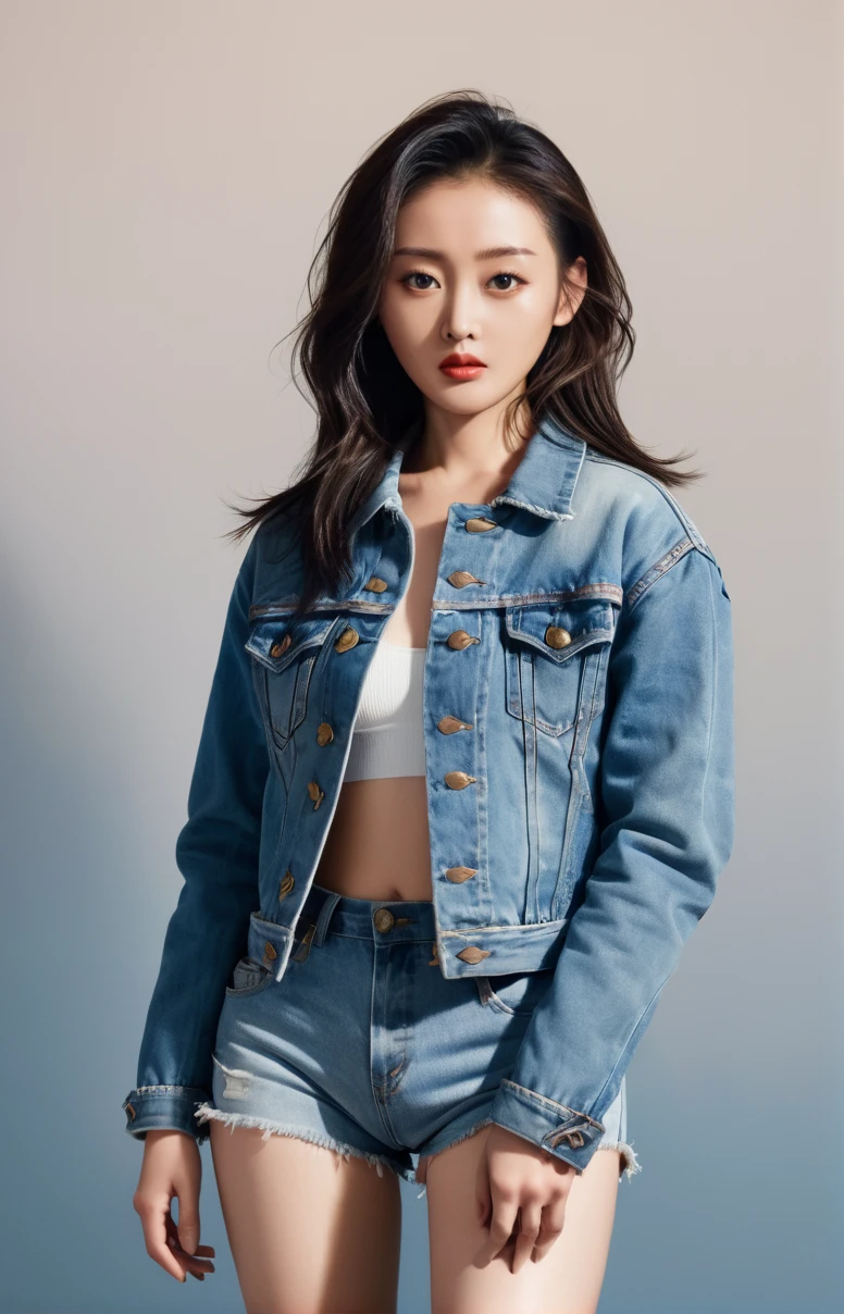(masterpiece,best quality,ultra high res:1.2),(photo-realistic:1.3),(beautiful face,exquisite face,skin texture:1.1),(Denim_jacket:1.4),(High-waisted_shorts:1.3),(Sneakers:1.2),
side_light,
<lora:zhangtianai_XL_0_:1>,zhangtianai,
chinese actress,cowboy_shot,