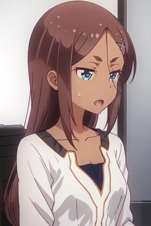 best quality, masterpiece, highres, solo, {ahagon_umiko_newgame:1.15}, brown_hair, long_hair, dark_skin, dark-skinned_female, hair_ornament, blue_eyes, x_hair_ornament, hairclip, 1girl, collarbone, upper_body, open_mouth