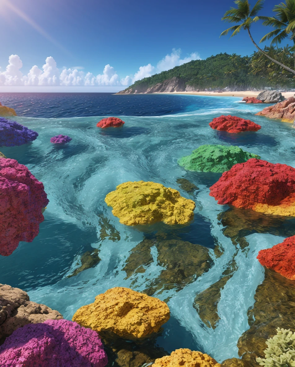 "Ultra-realistic 8k 3D rendering of vibrant multicolored water product design with dynamic magnificent splashes against stunning ocean background."
