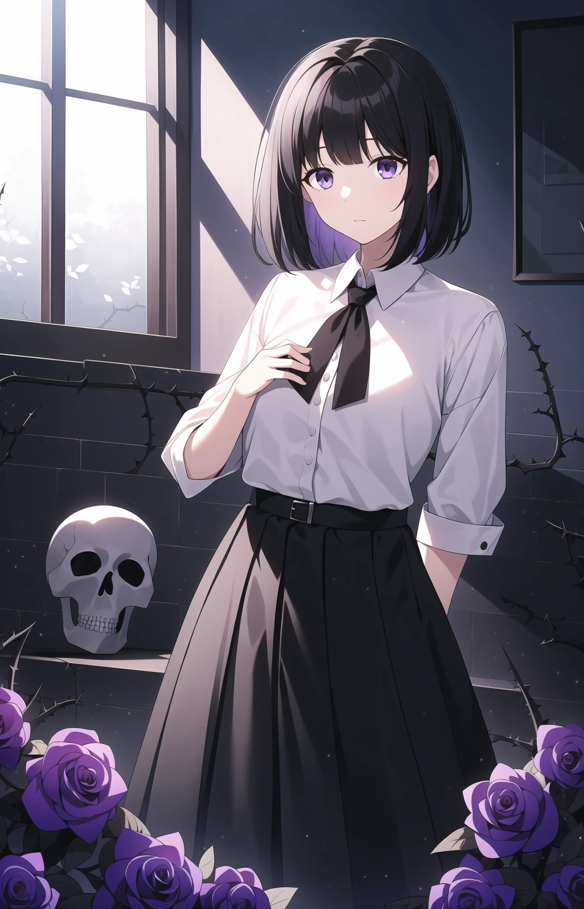masterpiece,best quality,straight-on,A girl with black hair, white shirt and black skirtï¼a rose blooms,skullï¼There are many thornsï¼growing thorns,Purple eyesï¼
masterpiece,best quality,A girl with black hair, white shirt and black skirt