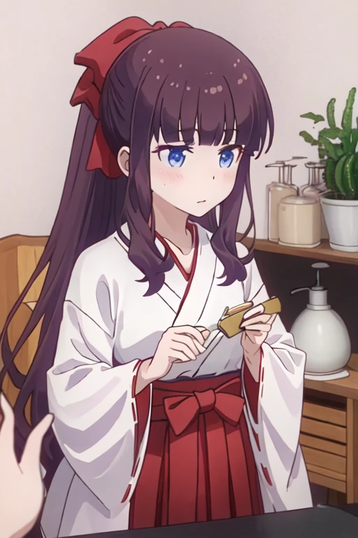 best quality, masterpiece, highres, solo, {white kimono:1.35}, {red hakama:1.35}, {wide sleeves:1.20}, {takimoto_hifumi_newgame:1.15}, long_hair, bangs, blue_eyes, blunt_bangs, blush, ponytail, brown_hair, purple_hair, hair_bow