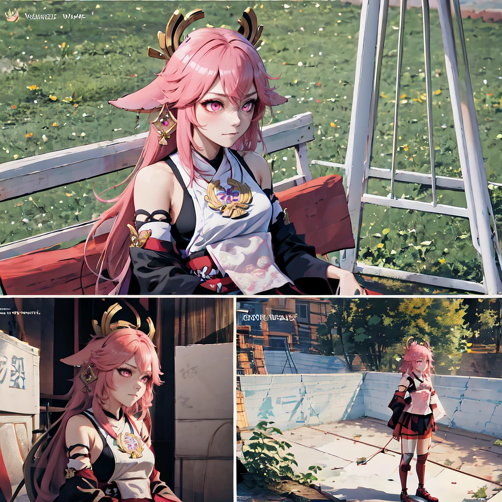 1girl, IncrsWaitingMeme, <lora:PabloEscobarWaitingMeme:1>, yae miko, pink eyes, long hair, pink hair, animal ears, <lora:Char_GenshinImpact_YaeMiko:0.65>, comic,