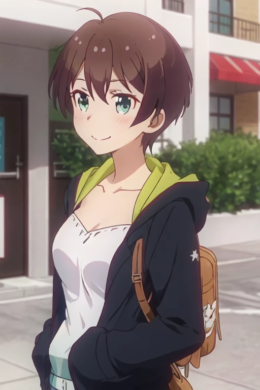 best quality, masterpiece, highres, solo, {shinoda_hajime_newgame:1.15}, brown_hair, short_hair, green_eyes, blush, collarbone, smile, 2girls, multiple_girls, looking_at_viewer, solo_focus, hair_between_eyes, hood