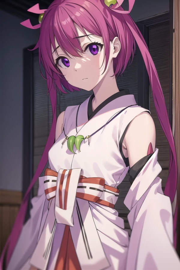 oomiyanomenokami, <lora:oomiyanome no kami s1-lora-nochekaiser:1>,
oomiyanome no kami, long hair, hair ornament, twintails, (purple eyes:1.1), purple hair, bell, hair bell,
BREAK skirt, detached sleeves, japanese clothes, necklace, miko, magatama,
BREAK outdoors, shrine,
BREAK looking at viewer, (cowboy shot:1.5),
BREAK <lyco:GoodHands-beta2:1>, (masterpiece:1.2), best quality, high resolution, unity 8k wallpaper, (illustration:0.8), (beautiful detailed eyes:1.6), extremely detailed face, perfect lighting, extremely detailed CG, (perfect hands, perfect anatomy),