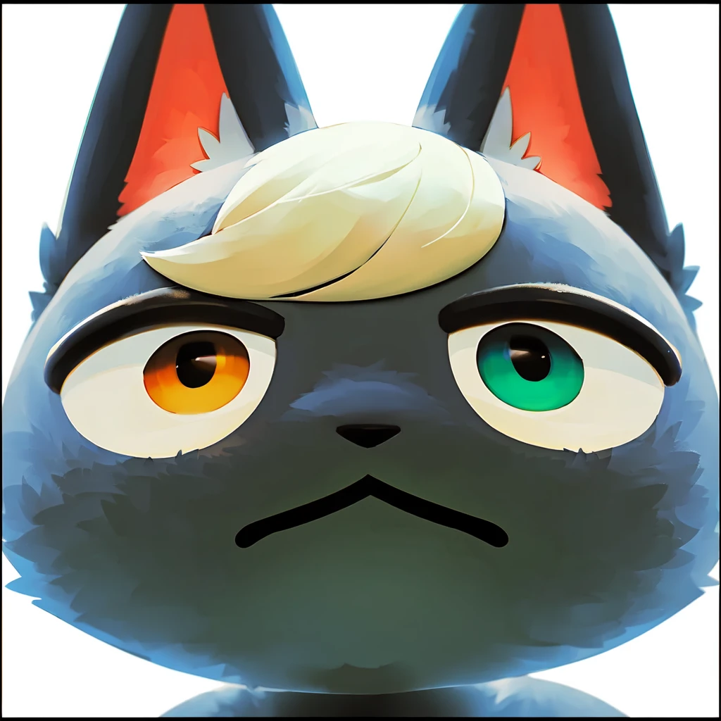 raymond, 1boy, solo, chibi, straight-on, portrait, (close-up, head only:1.2), heterochromia, detailed eyes, :<, emotionless, (detailed eyes, furry, grey fur:1.3), cat ears, looking at viewer, (detailed fur:1.3), blonde hair, animal nose, simple background, (white background, black border:1.5), 8k, hdr <lora:raymondAC:1>