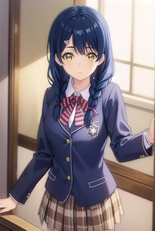 megumitadokoro, <lora:megumi tadokoro s1-lora-nochekaiser:1>,
megumi tadokoro, long hair, blue hair, (yellow eyes:1.3), braid, twin braids,
BREAK bow, school uniform, striped, bowtie, blazer, striped bowtie, blue blazer, brown skirt, plaid skirt, plaid,
BREAK indoors, kitchen,
BREAK looking at viewer, (cowboy shot:1.5),
BREAK <lyco:GoodHands-beta2:1>, (masterpiece:1.2), best quality, high resolution, unity 8k wallpaper, (illustration:0.8), (beautiful detailed eyes:1.6), extremely detailed face, perfect lighting, extremely detailed CG, (perfect hands, perfect anatomy),