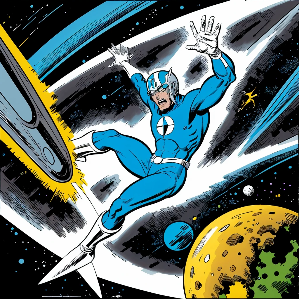 <lora:jackkirbyv2:1> in the style of jack kirby a silver humanoid surfing in space
