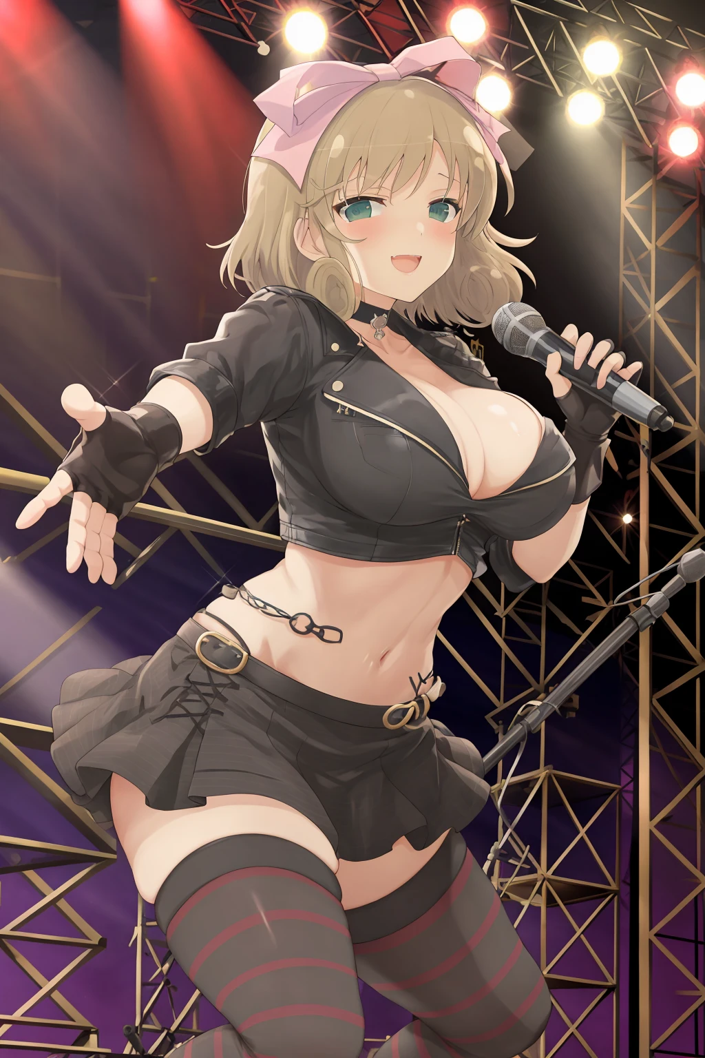 masterpiece, best quality, haruka (senran kagura),1girl, breasts, solo, thighhighs, gloves, green eyes, beautiful eyes, large breasts, striped, open mouth, bow, fingerless gloves, navel, microphone, blonde hair, striped thighhighs, smile, midriff, cleavage, short hair, hair bow, looking at viewer, crop top, stage, microphone stand, black gloves, stage lights, choker, skirt, blush, jacket, idol, pov, (pov hands:1.2), <lora:haruka_senran kagura-000014:0.7> <lora:Senran_kagura_style:0.3>