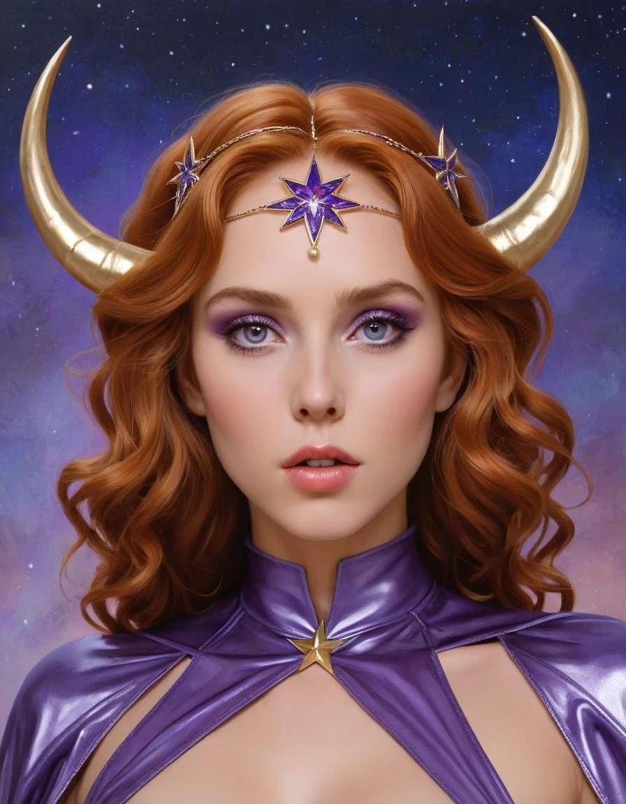 Concept art painting, closeup of Ishtar's face, eyes focus, full zoom on eyes, beautiful goddess, thick curly red hair, ((eight pointed star):1.18), amazingly perfect light colored eyes that consume you completely, detailed skin with visible pores, (majestic elegant and divine purple haute couture wrapdress made out of latex that wraps tightly around her body), otherworldly beauty, opulent golden jewelry with gemstones and pearls, she wears a small subtle yet fashionable intricate tiara with horns, awe inspiring, dramatic, imagery that emanates absolute power and sensuality, (the light of the planet Venus is visible in the night's sky), scarlet and purple tones, intricate details, rich vibrant colors, porcelain pale skin, highly detailed, masterpiece, 8k, hdr, (art by Greg Rutkowski AND Phil Noto AND WLOP), (painterly, speed painting aesthetic, (palette knife acrylic painting), thick textured paint)