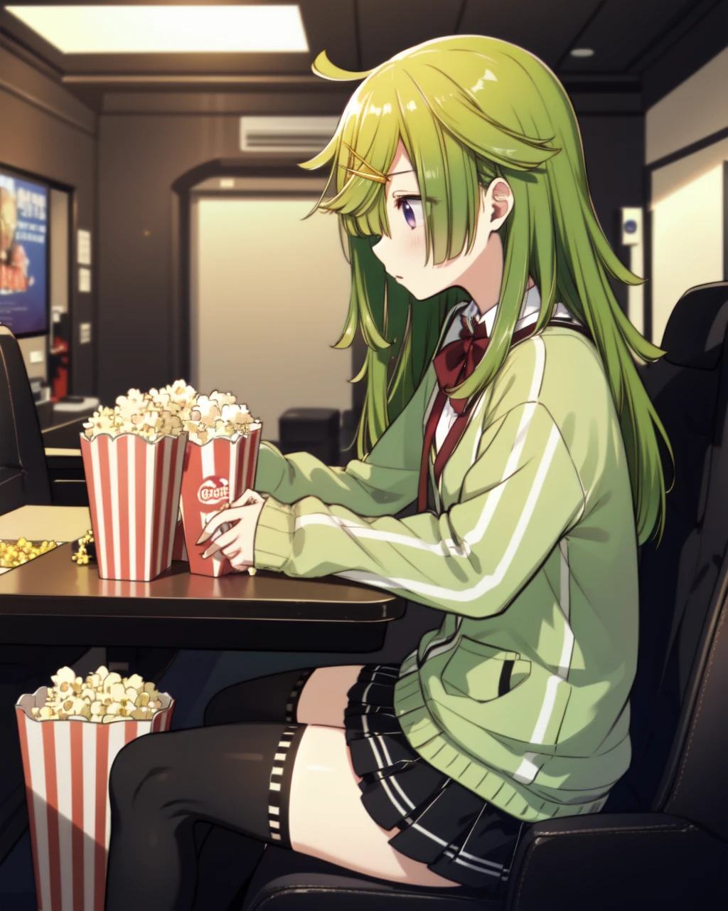 scene0akimabayu, 1girl, purple eyes, green hair, sitting, close shot, cowboy shot, indoors, (cinema, movie house, popcorn, cola, cinema chair, side view), hair over one eye, green sweater, red bowtie, yellow coat, white high collar, black skirt, black thighhighs, golden hairpin in hair, <lora:scene0akimabayu-000009:0.8>