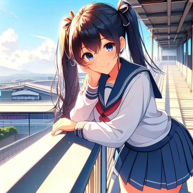 solo,  1girl,  yo,  (((resting arms on school railings))),  ((leaning on school railings)),  outdoor corridor,  second floor,  twintail,  school uniform,  wind,  smile,  taiwan, School railings,<lora:EMS-211125-EMS:1.000000>