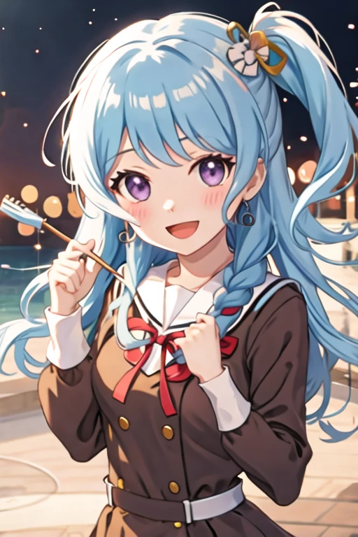 best quality, masterpiece, highres, solo, {matsubara_kanon_bangdream:1.15}, blue_hair, purple_eyes, bangs, long_hair, blush, smile, ribbon, hair_ornament, light_blue_hair, open_mouth, one_side_up, hair_ribbon, hair_flower, 1girl, hanasakigawa_school_uniform, long_sleeves, looking_at_viewer, sailor_collar, school_uniform, brown_dress, buttons, double-breasted, dress, red_ribbon, sailor_dress, neck_ribbon, red_bow, bow, upper_body, :d, green_ribbon, hands_up