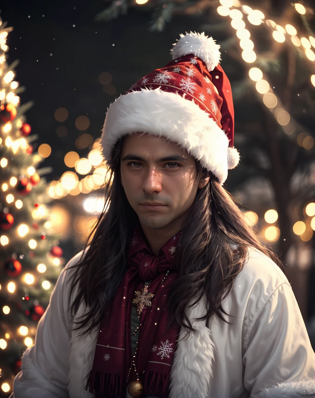 cinematic photo ,realistic <lora:quiron_Chritsmas_v1_lora:0.37> ChristmasQuiron style, Christmas, Christmas tree, Christmas decorations, Christmas style, Christmas spirit, best quality, ultra detailed, 8k, mysterious, <lora:quiron_AndreMatos_v4_lora:0.87> AndreMatosQuiron person, a man with a long hair wearing christmas costume, . 35mm photograph, film, bokeh, professional, 4k, highly detailed