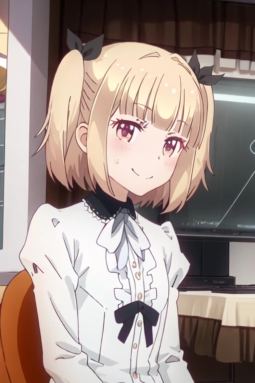 best quality, masterpiece, highres, solo, {iijima_yun_newgame:1.15}, blonde_hair, short_hair, blush, two_side_up, ribbon, bangs, hair_ribbon, 1girl, smile, twintails, closed_eyes