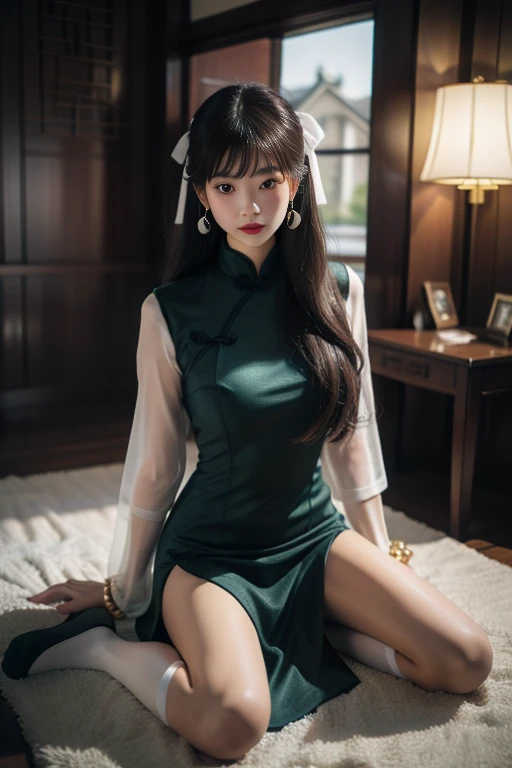 ltra-detailed,highly detailed,best quality,masterpiece,illustration,realistic,
yaozhi, 1girl, solo,mole,
chinese clothes,china dress,see-through sleeves,socks, hull shoes,
earrings, bracelet,hair ribbon,
bangs,very long hair,
looking at viewer,wariza,
<lora:yaozhi_v3_03:0.8>