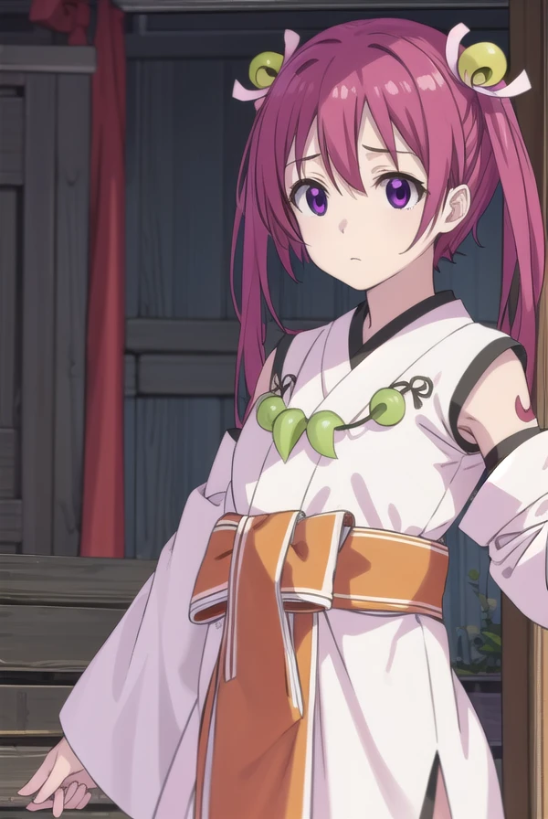 oomiyanomenokami, <lora:oomiyanome no kami s1-lora-nochekaiser:1>,
oomiyanome no kami, long hair, hair ornament, twintails, (purple eyes:1.1), purple hair, bell, hair bell,
BREAK skirt, detached sleeves, japanese clothes, necklace, miko, magatama,
BREAK outdoors, shrine,
BREAK looking at viewer, (cowboy shot:1.5),
BREAK <lyco:GoodHands-beta2:1>, (masterpiece:1.2), best quality, high resolution, unity 8k wallpaper, (illustration:0.8), (beautiful detailed eyes:1.6), extremely detailed face, perfect lighting, extremely detailed CG, (perfect hands, perfect anatomy),